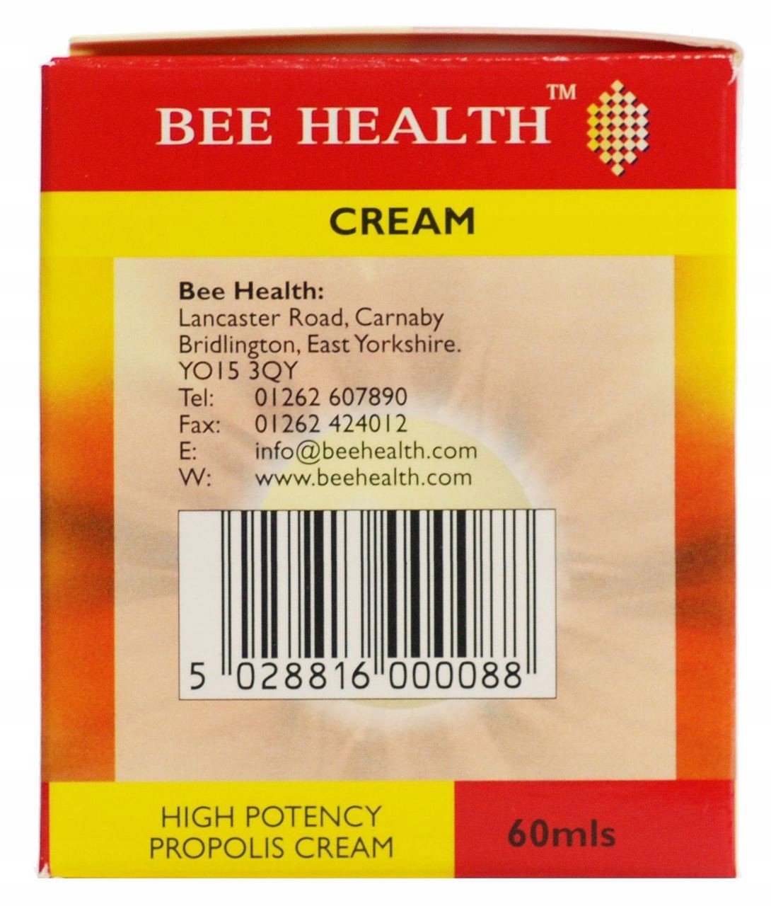 Bee Health krem z propolisem 60ml - czerwone opakowanie z żółtym pasem i kodem kreskowym